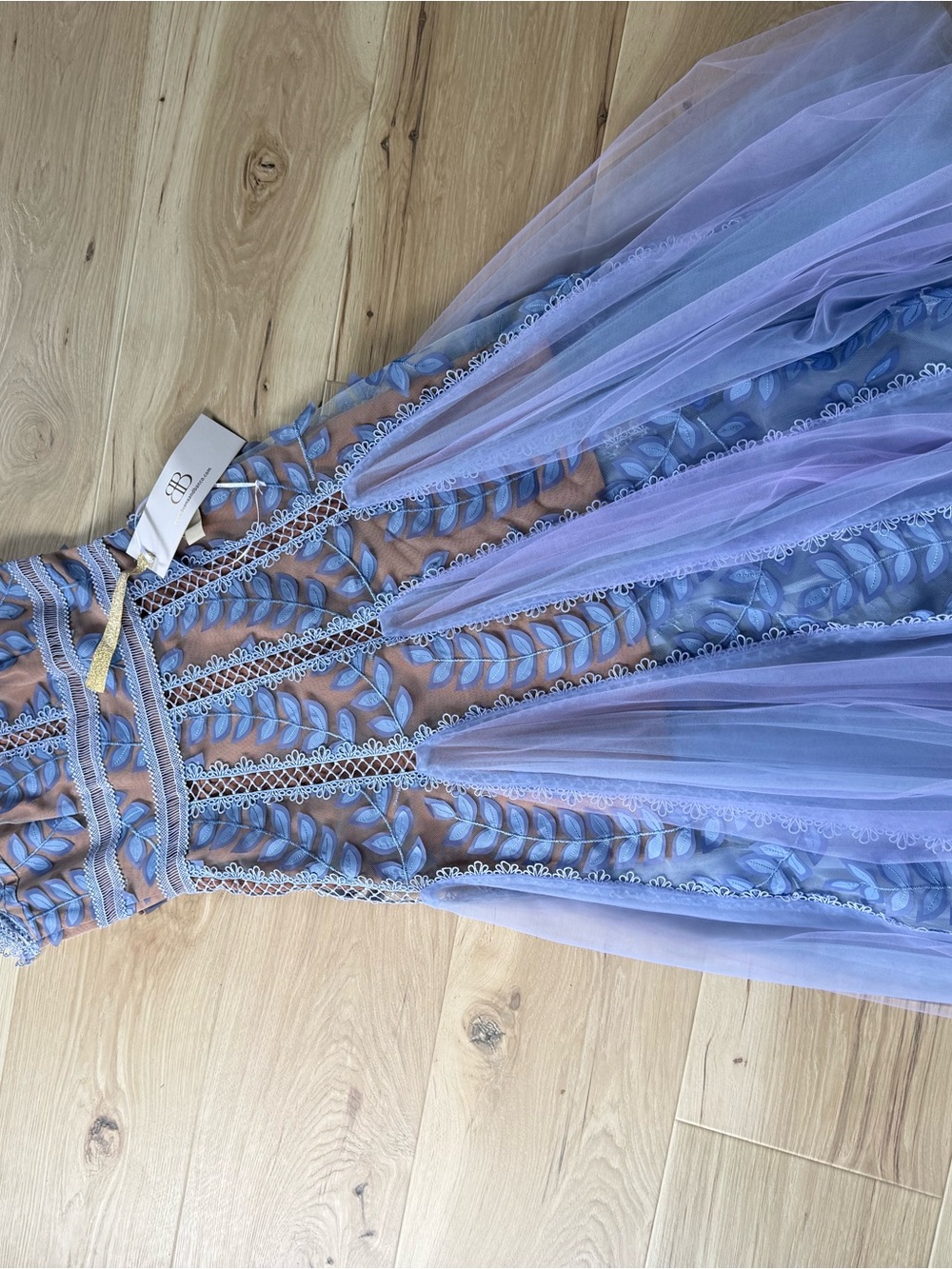 Bronx and Banco Violet Flared Dress with Blue Lace Appliqué